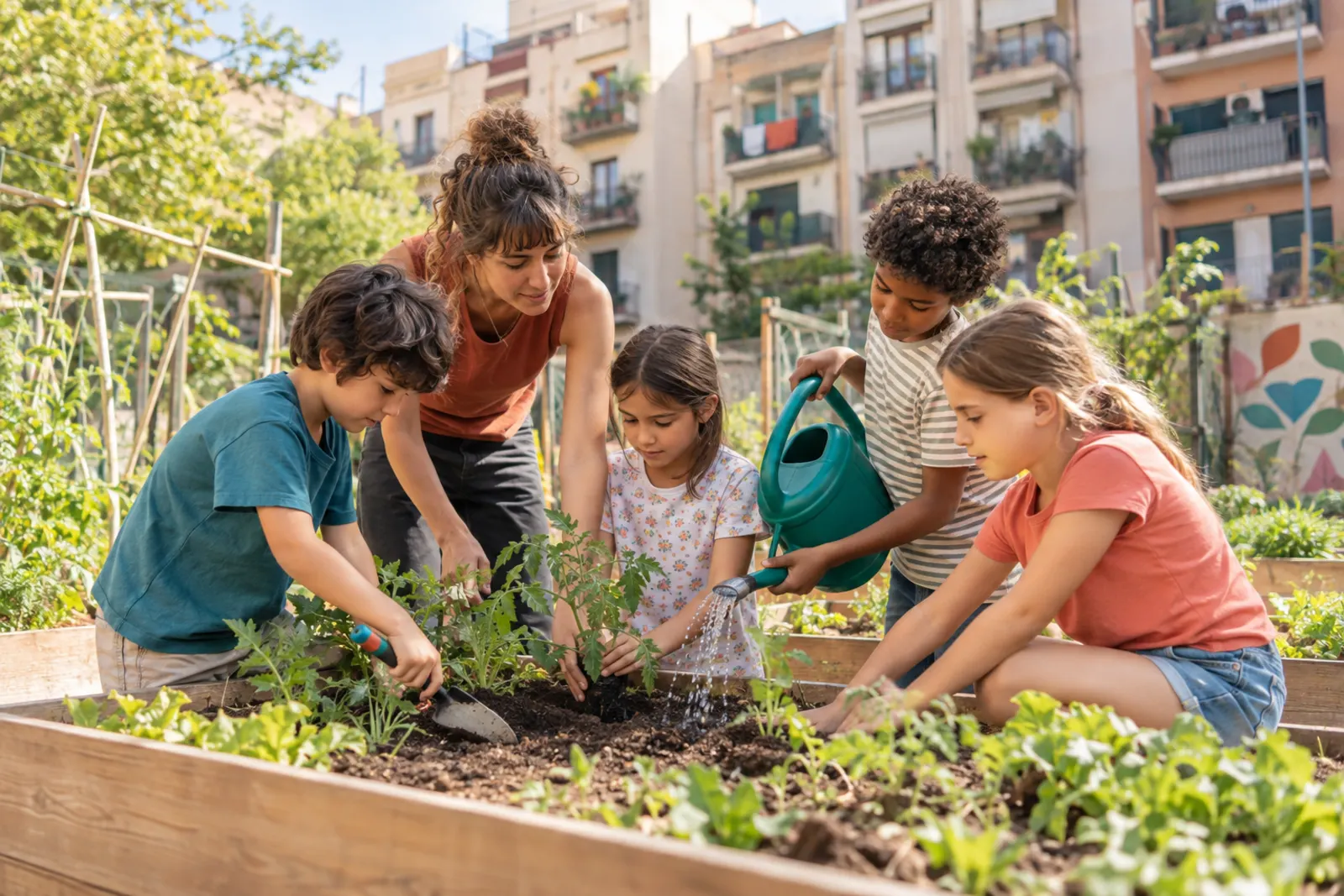 Un grup d’infants i una educadora planten verdures en un hort urbà. Imatge generada.