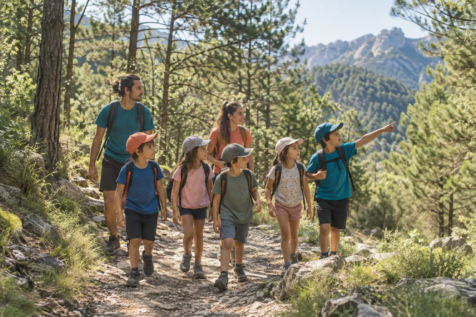 Un grup d’infants i dos monitors caminen per un camí de bosc. Imatge generada.